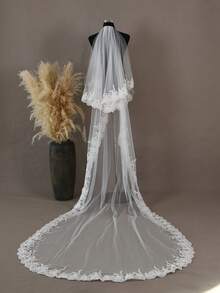3 Meters Long Lace Edge Double Layer Cathedral Wedding Veil With Comb, Vintage Soft Tulle Bridal Headpiece - 米色 - 查看 2