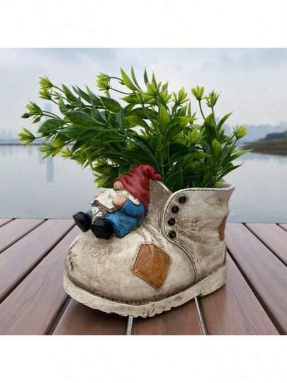 1pc Vintage Boot - Shaped Garden Planter With Cute Gnome Ornament, Resin Flower Pot For Outdoor Patio Yard Decor, Unique Succulent Plant Container For Garden Decoration And Home Accents