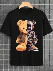 Camiseta de manga corta casual de verano para niño preadolescente con estampado de oso - Negro - Ver 4