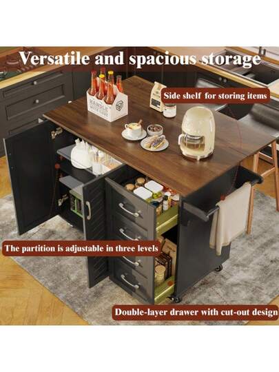 Kitchen Trolley Diagonally Gestreepte Cabinet Doors, Removable Towel Spice Rack, Adjustable Dividers, Sideboard, Tafel Top Wood Grain, Zwart view 5
