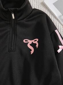 مجموعة ملابس علوية وبنطلون بتصميم سحاب وفيونكة للبنات، بأكمام طويلة وياقة منسدلة، قطعتان، بتصميم كاجوال وأنيق، من الفليس، مناسبة للخريف والشتاء - الأسود - مشاهدة 4