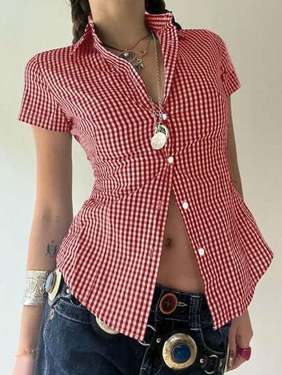 Sunny Girly Christmas Fall Women Outfits Y2K Back To School Containing Cotton Slim Lapel Short-Sleeved Button Design Red Checkered College Shirt Top