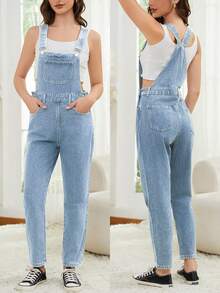 Navy Blue Washed Slim Fit High Waist Bib Overalls For Women - Light Wash - View 2