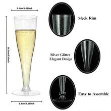 PUREDOVE 25/50 Pcs Clear Silver Glitter Plastic Champagne Flutes,Party Decorations,130ml/4.5oz Reusable Silver Glitter Plastic Champagne Glasses,Durable & Elegant Flute-Shaped Glasses For Weddings, Cocktails, Holidays,Christmas, New Year's Day - 銀色閃光 - 查看 4