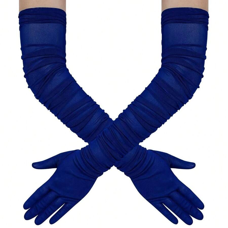 Hazhlko Women's Super Long Stretchy Ruched Mesh Tulle Sheer Gloves Costume Opera Party 1920's Dance Gloves{"Color_name":"RoyalBlue"} - 皇家藍 - 查看 1