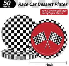 50 PCS Race Car Black And White Checkered Party Plates, Racing Car Theme  Dessert Plates For Boys Girls Race Car Party Supplies,25837418 - 黑色 - 查看 2