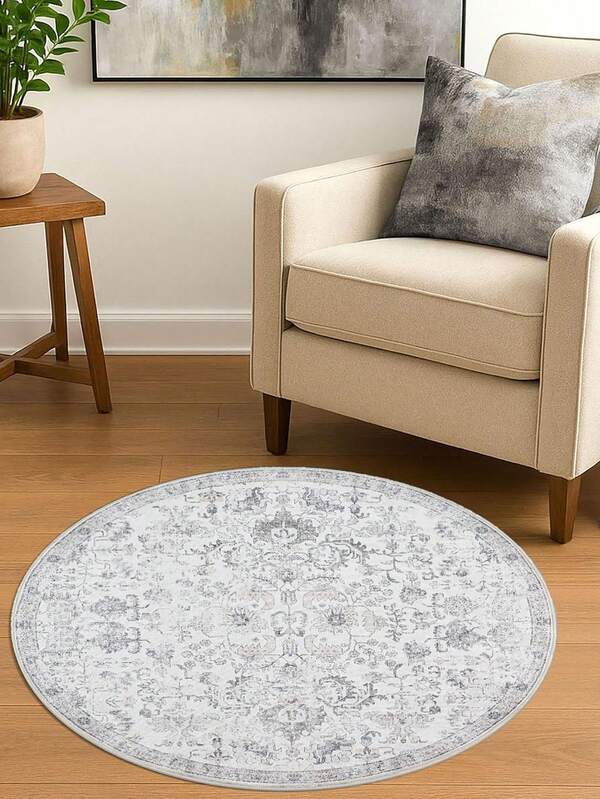 1 Pc Round Rug Area Rug Washable Vintage Indoor Retro Floor Cover Distressed Gray Floral Round Circle Boho Non Slip Thin Carpet For Living Room Dining Room Bedroom Kitchen Grey