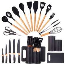 19pcs Silicone Kitchen Utensil Set With Wooden Handles, Heat-Resistant Non-Stick Cooking Tools, Includes Elegant Knives And Storage Organizer- Easy Cooking & Cleaning For Home And Kitchen - Black - View 1