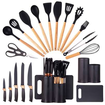 19pcs Silicone Kitchen Utensil Set With Wooden Handles, Heat-Resistant Non-Stick Cooking Tools, Includes Elegant Knives And Storage Organizer- Easy Cooking & Cleaning For Home And Kitchen