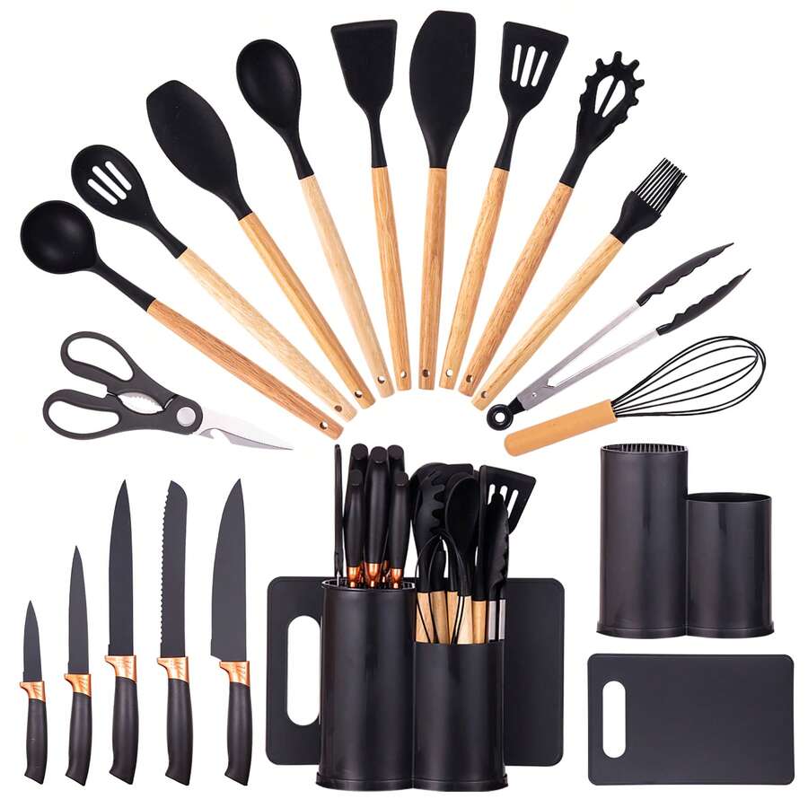 19pcs Silicone Kitchen Utensil Set With Wooden Handles, Heat-Resistant Non-Stick Cooking Tools, Includes Elegant Knives And Storage Organizer- Easy Cooking & Cleaning For Home And Kitchen - Black - View 1