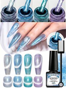 5pcs FOUR LILY Blue Cat Eye Magnetic Gel Nail Polish Set With Magnetic Wand, Long-Lasting Shiny Magnetic Effect, Easy For DIY Nail Art - Multicolor - View 1