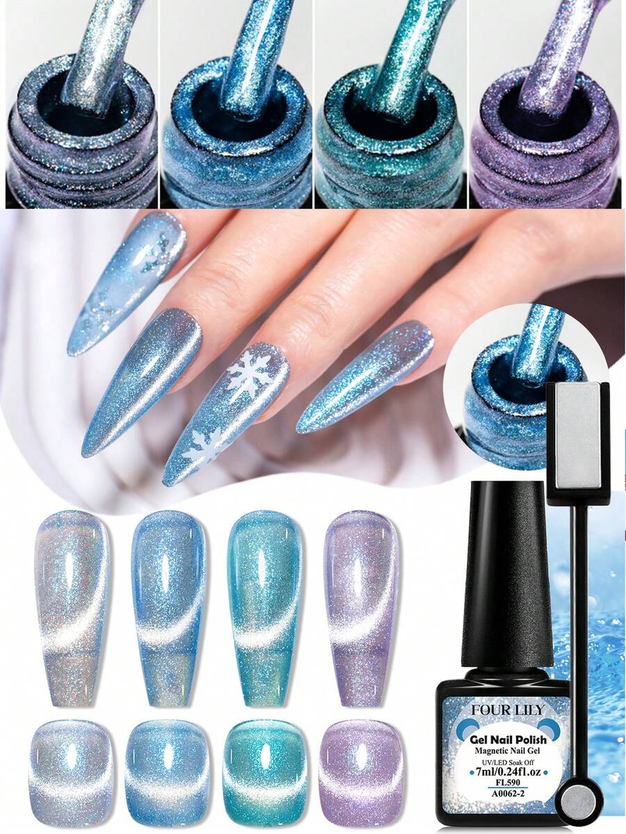 5pcs FOUR LILY Blue Cat Eye Magnetic Gel Nail Polish Set With Magnetic Wand, Long-Lasting Shiny Magnetic Effect, Easy For DIY Nail Art - Multicolor - View 1