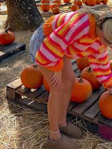 Women's Fashionable Color Block Long Sleeve Contrast Striped Christmas Crew Neck Drop Shoulder Pullover Oversize Top Knit Fall Winter Sweater - Multicolor - View 11