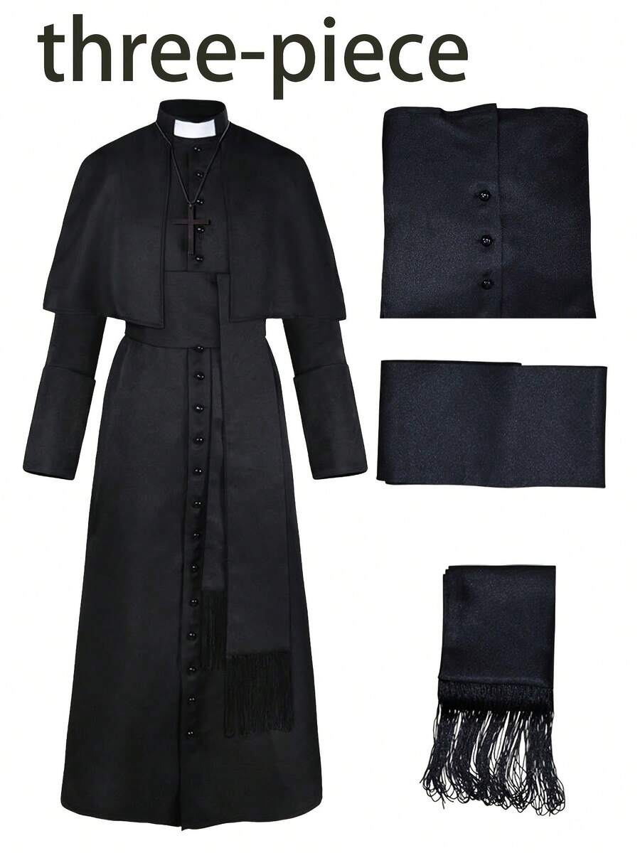 全套牧师服装，万圣节中世纪复古角色扮演服 - 黑色 - 查看 1