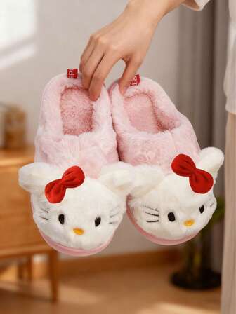 Sanrio Licensed Hello Kitty Women's Plush Slippers Cartoon Non - Slip Indoor House Slippers For Winter, Furry Slippers, Fluffy Slippers