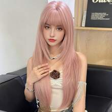 PIAOYUN 长直浅粉色假发，齐刘海，深色发根，耐热纤维材质，自然合成全机织假发，适合日常佩戴、音乐节派对、角色扮演、万圣节及街头摄影等场合。