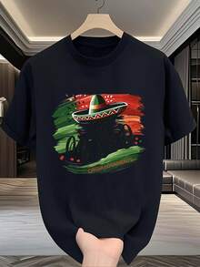 1 Camiseta Para Hombre, Camiseta Para Hombre, Pantalón Para Hombre, Viva México 180G Negro Y Blanco, Camiseta Con Sombrero Mexicano Y Estampado De Texto, De Alta Calidad, Cuello Redondo, Ajuste Básico Holgado, Transpirable, Versátil, Lavable En Máquina, Cómodo, Talla S ~ 3XL, Esencial Deportivo Casual Diario Para El Verano. - Oscuro - Ver 2