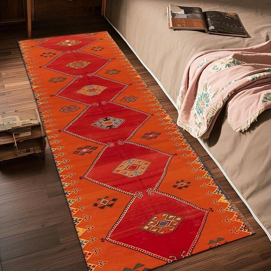 1pc 4.6'x1.6', 6'x1.8' Long Chinese-Inspired Rug - Red & Golden Rhombus Pattern Large Runner Mat, Non-Slip Beige Dot Backing, Machine Washable Turquoise Accent For Hallway, Living Room, Bedroom - 黑色 - 查看 1