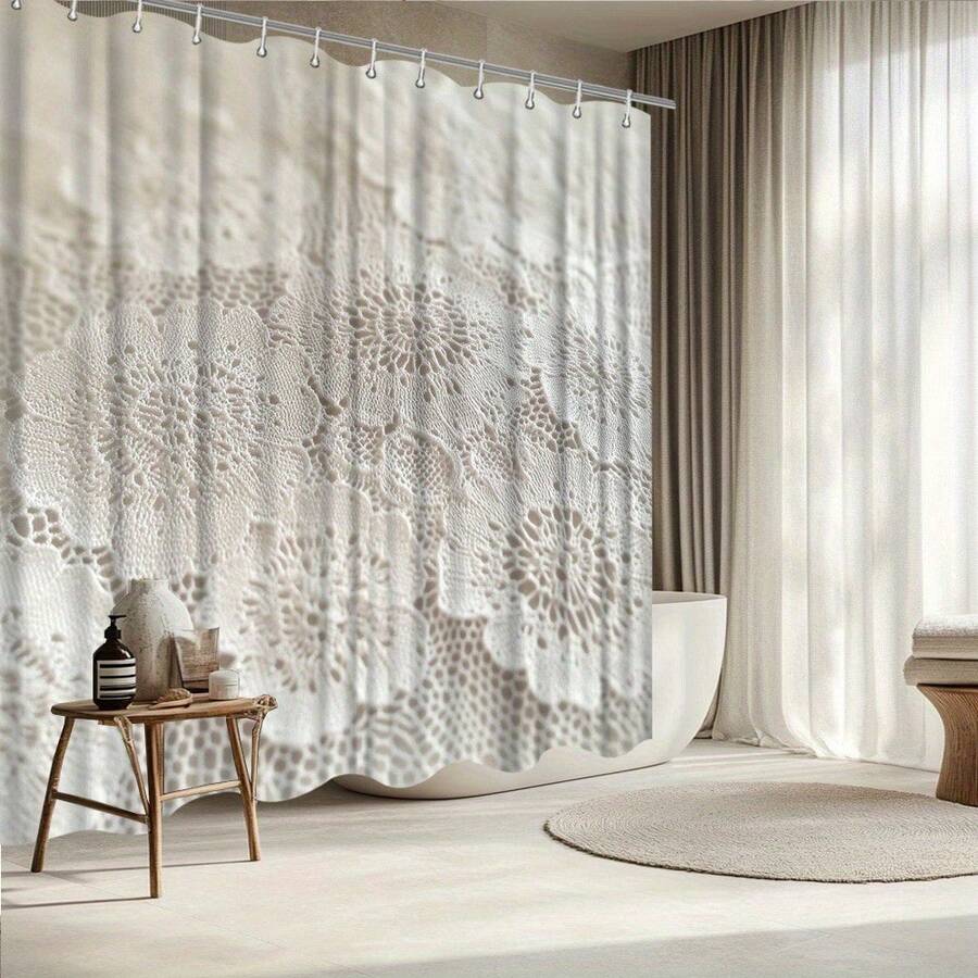1pc Elegant White Lace Shower Curtain With Floral Design Vintage Bathroom Decor, Extra Long Bath Curtain (59x70.8/70.8/78.7/90.5 Inches), Machine Washable Fabric, Fade Technology & Hooks Included For Bathtub Privacy Beige/White/ Bathroom Window Cur - 彩色 - 查看 1