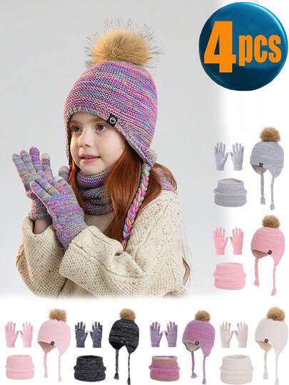 4pcs Kids Winter Hat, Scarf And Gloves Set, Girls Toddler Children Knitted Beanie Hat With Pom Pom, Fingerless Gloves And Neck Warmer Scarf, Wool Lined, Suitable For Boys And Girls