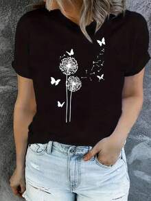 Ladies Spring And Summer Round Neck Fashion Casual Pattern Printed-Shirt - Black - View 5