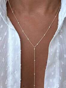 1pc Long Y-Shaped Pendant Necklace With Round Beads, Alloy Material, Suitable For Parties, Outfits, Daily Wear, Gifts (Handmade Chain Cut To Appropriate Length, Bead Quantity Adjustable)