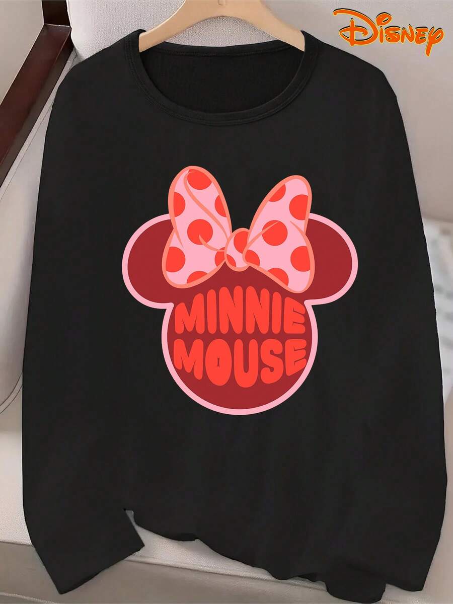 Disney IP Licensed Women's Long Sleeve T-Shirt, Minnie Mouse Icon, Bow Cartoon Print, Crew Neck, Stretchy, Suitable For Daily Wear, Easy Care Material, Fashionable Casual Women's Long Sleeve T-Shirt, Spring/Autumn/Winter - Black - View 1