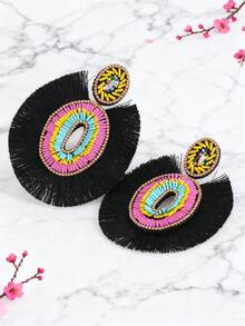 1 par de pendientes de mujer con borlas de forma elíptica de cuentas de vidrio hechas a mano