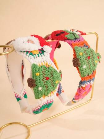 1pc Girls' Multi-Color Knitted Christmas Tree & Snowman Wide Headband, Cute Crochet Hairband, Non-Slip, Suitable For Holiday Gifts, Facial Mask, Daily Wear