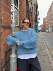 Jersey holgado y suave de estilo europeo y americano para mujer, de color azul, informal para otoño/invierno