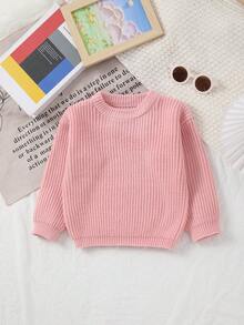 Unisex Baby Classic Solid Color Crew Neck Knit Sweater Top, Crew Neck Design, Solid Color Design, Solid Color More Suitable For Handmade Embroidery By Mothers, Add Some Elements Mothers Like, Suitable For Casual Wear Or Layering - Pink - View 1