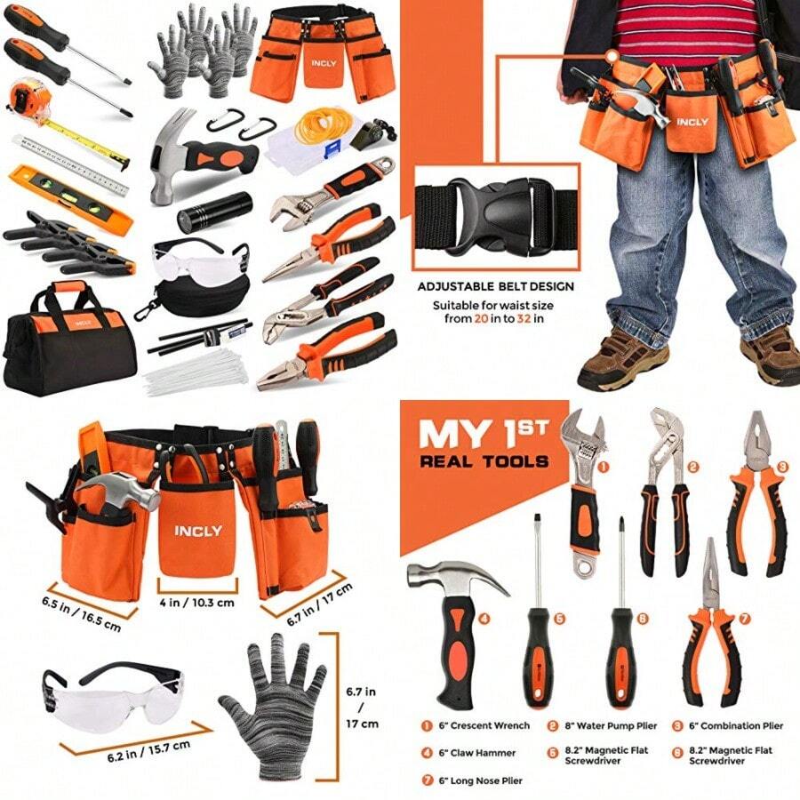 INCLY 95 PCS Real Tool Set Small Real Hand Tools Kit Construction Learning Tools Hammer Screwdriver For Home DIY Building And Woodworking Come With Tool Belt And Bag