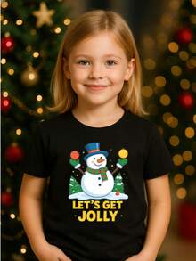 Playera infantil para niña de 3 a 12 años, hecha de algodon, cuello redondo, manga corta y diseño de "Let's Get Jolly" - Diseño de Muñeco de Nieve Festivo - Negro - Ver 1