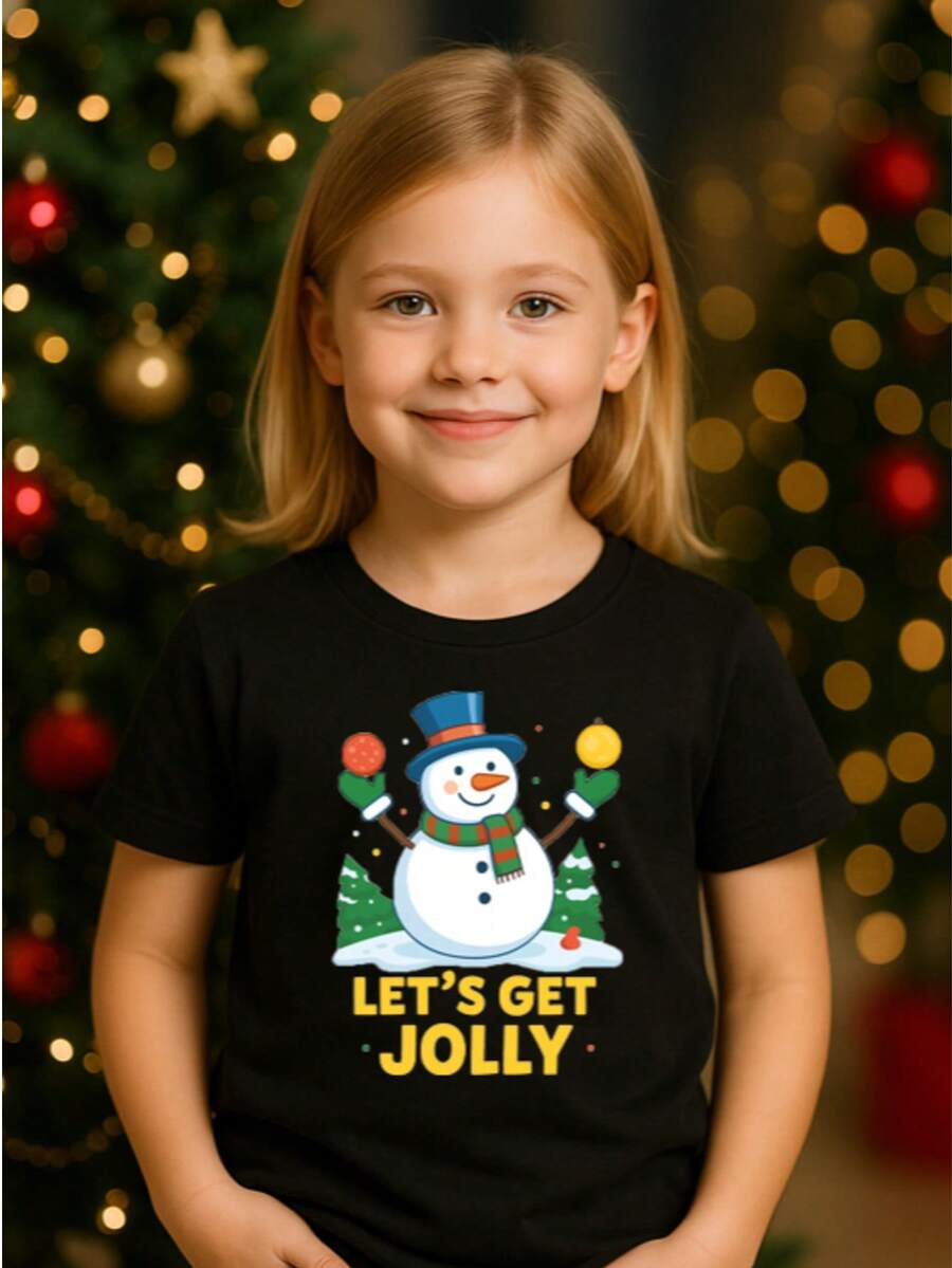 Playera infantil para niña de 3 a 12 años, hecha de algodon, cuello redondo, manga corta y diseño de "Let's Get Jolly" - Diseño de Muñeco de Nieve Festivo - Negro - Ver 1