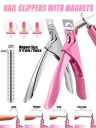 Nail Clippers,Small Pink False Nail Tip Cutter,Adjustable Nail Clippers,Acrylic Nail Cutter With 15PCS Magnet,Silver Premium Adjustable Nail Clippers With Magnets Sizers For Acrylic Nails,Stainless Steel Nail Cutter Trimmer For Artificial Fake False Tips,Manicure Sharp Blade Clip Tool For Salon Beauty