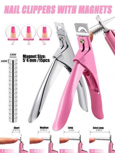 Nail Clippers,Small Pink False Nail Tip Cutter,Adjustable Nail Clippers,Acrylic Nail Cutter With 15PCS Magnet,Silver Premium Adjustable Nail Clippers With Magnets Sizers For Acrylic Nails,Stainless Steel Nail Cutter Trimmer For Artificial Fake False Tips,Manicure Sharp Blade Clip Tool For Salon Beauty