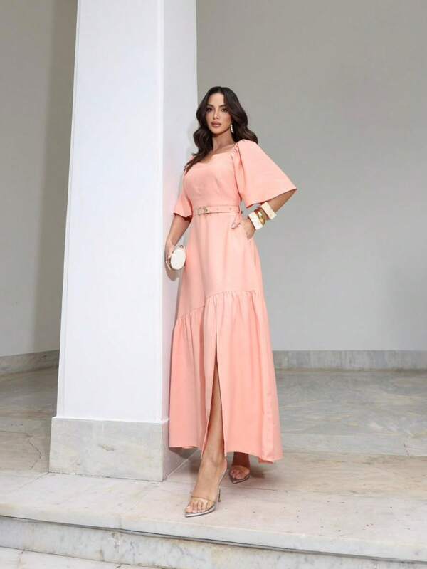 Vestido Feminino     Com Manga e Cinto Moda Verao Elegante