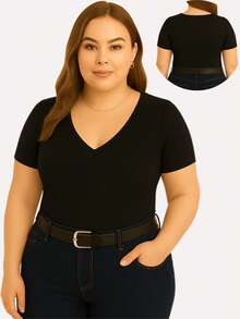 Kit com 3 blusas plus size decote v básica feminina - preto/azul turquesa/off - Visão 3