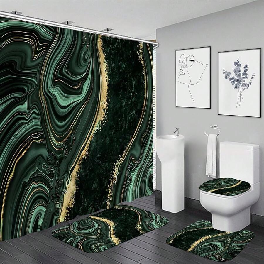 4 Pcs Green Marble Shower Curtain Sets With Rugs Gold Bathroom Sets With Shower Curtain And Rugs Modern Abstract Bathroom Decor Accessories Shower Curtains For Bathroom Toilet Lid Cover{Inchcolor_nameinch:InchDarkGreeninch} - DarkGreen - View 1