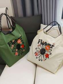 1 Stück Chrysanthemen-bestickter dicker Nylon Lässig Shopper, große Kapazität, geeignet für Einkaufen, Reisen, Pendeln, neue Herbst Damen Schulter Umhängetasche