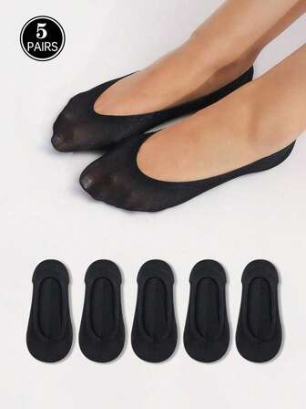 5pairs/Pack Women's Black Invisible Socks With High Elasticity, Thin Mesh, Silicone Anti-Slip And Glossy Finish