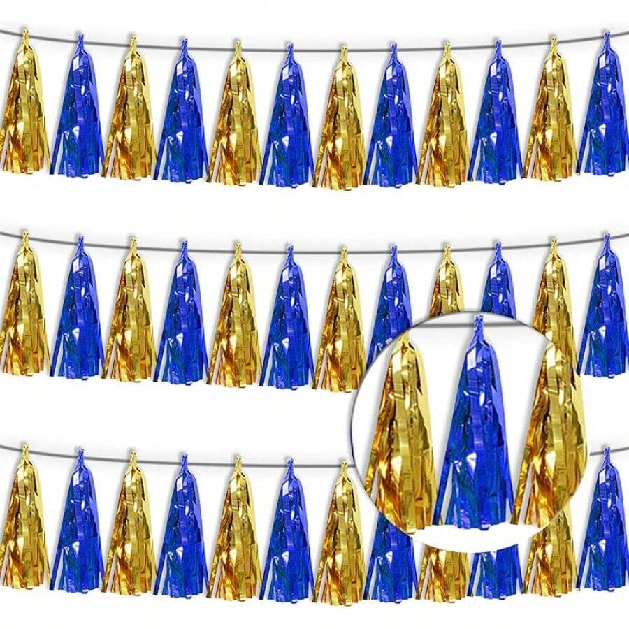 3P Metallic Fringe Tassel Banner Garland Foil Tinsel Streamer Wall Hanging Curtain Backdrop Banner For Parade Floats, Graduation Decorations, Father's Day Party Decoration(Silver)Halloween Christmas New Year - 海軍藍 金色 - 查看 1
