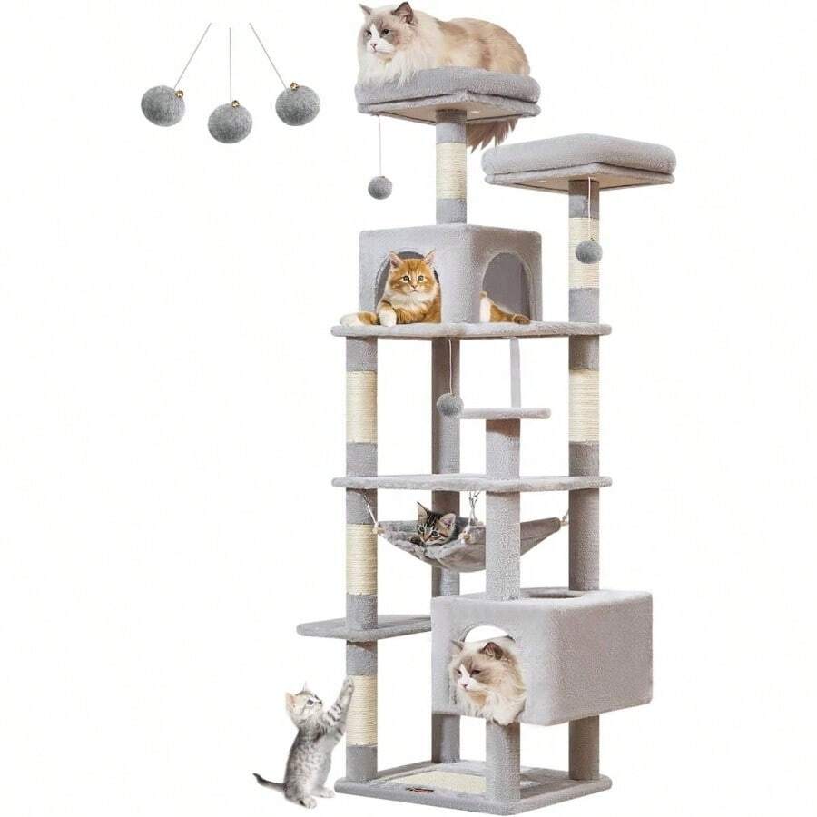 Tree, 68 - Inch Tree Tower Indoor Cats, Plush Multi - Level Condo With 6 Scratching Posts, 2 Perches, 2 Caves, Hammock, 3 Pompoms, MS020SW Gray - 68吋+淺灰色 - 查看 1