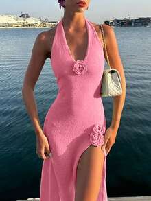 Women's Vacation Style V-Neck Halter Sexy Knitted Sweater Dress Backless Embroidery Open Leg Sleeveless Floor-Length Satin Gown Maxi Spaghetti Strap Floral Bodycon Beach Long Cover Up Summer Side Slit Cocktail Party Dresses - Hot Pink - View 6