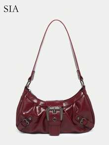 1pc Women's Vintage Milady Distressed Soft Leather Motorcycle Bag With Rivets, Needle Buckle, Pleats, Cloud Shaped, Shoulder Crossbody And Clutch Bag For Work, Commuting, Dating, Parties, Crescent Moon Bag For Women, Fashionable Burgundy Bag, Retro Inspired Bag For Women, Vintage Bag For Women, Halloween Purse Perfect For Fancy Party Halloween Fashion & Gothic Fashion - Màu Đỏ Sâu - Xem 1