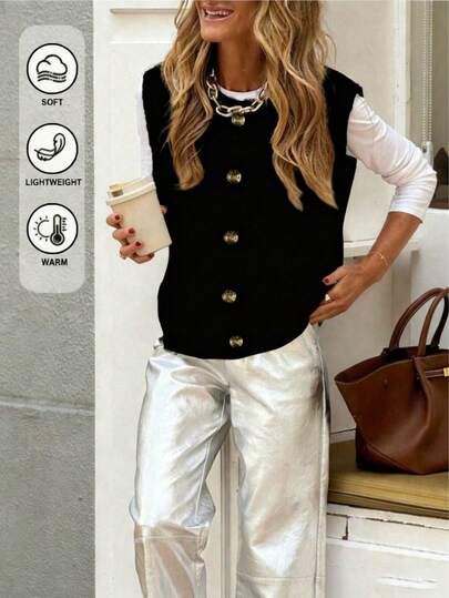Chaleco de lana sólido y versátil para mujer, con cuello redondo y hebilla metálica de única, ideal para otoño/invierno/principios de otoño. Ligero y cómodo, adecuado para ocio, vida diaria, citas, hogar, oficina, fiestas, festivales, compras, Halloween, Navidad, Acción de Gracias, vacaciones/ropa de mujer de otoño/tops Y2K/streetwear/punk/con apariencia de lana