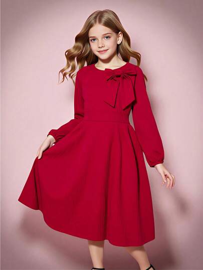 Girls' Round Neck Long Sleeve Cinching Waist Bow Elegant Halloween Christmas Dress