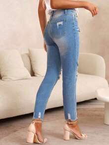 Women's Mid-Rise Stretch Skinny Jeans, Ripped Raw Hem Ankle-Length - 中等水洗藍 - 查看 3