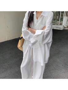 Conjunto informal de blusa de manga larga con botones delanteros y pantalones de unicolor blanco para primavera - Blanco - Ver 4