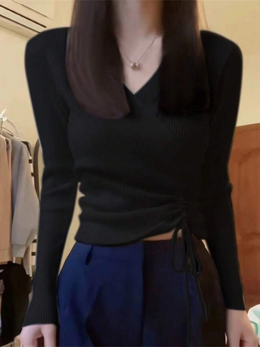 白色抽绳 V 领针织汗衫，修身短款长袖毛衣上衣，女士秋季 - 黑色 - 查看 1